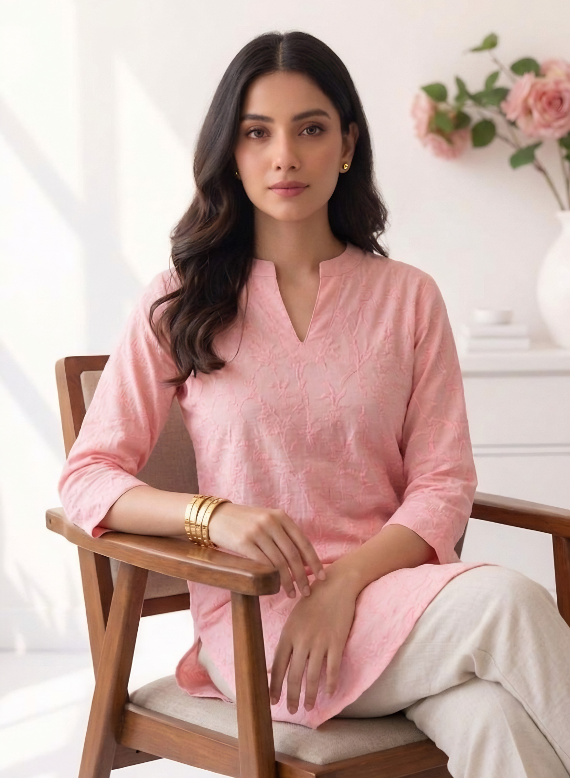 Soft Pink Cotton Embroidered Short Kurti