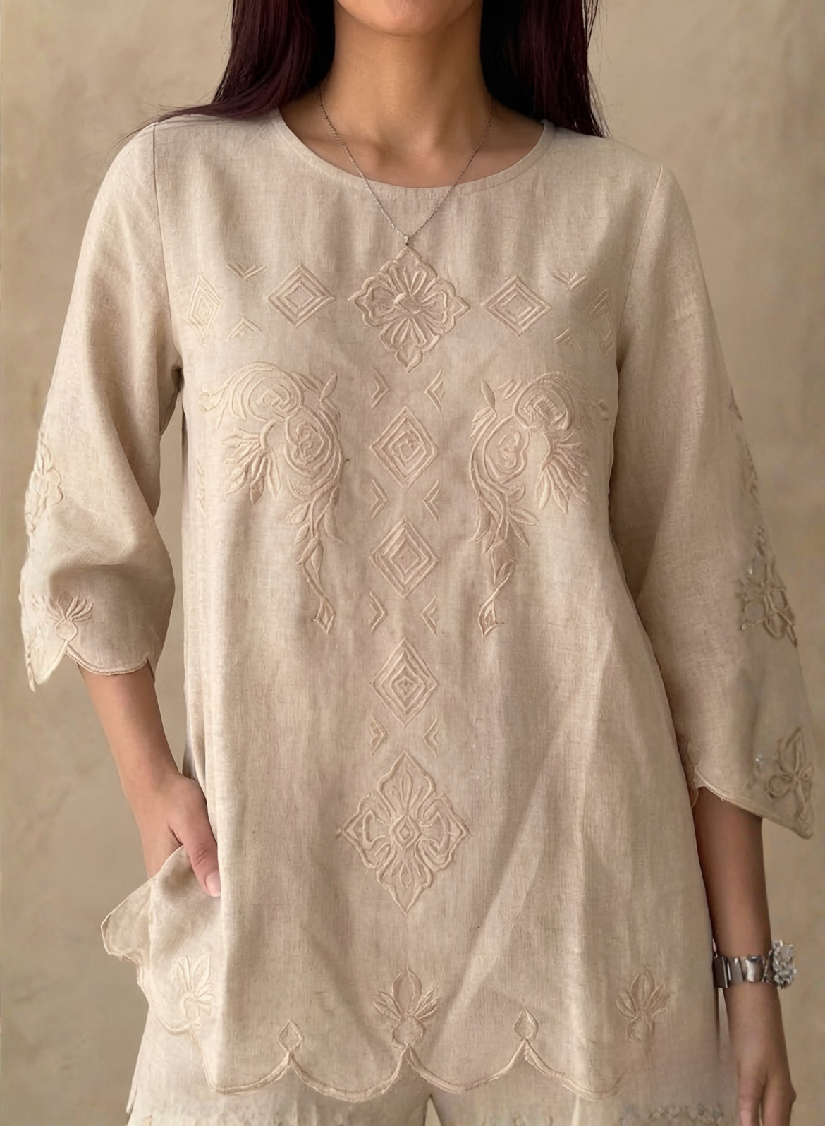 Sand Beige Cotton Embroidered Co-ord Set