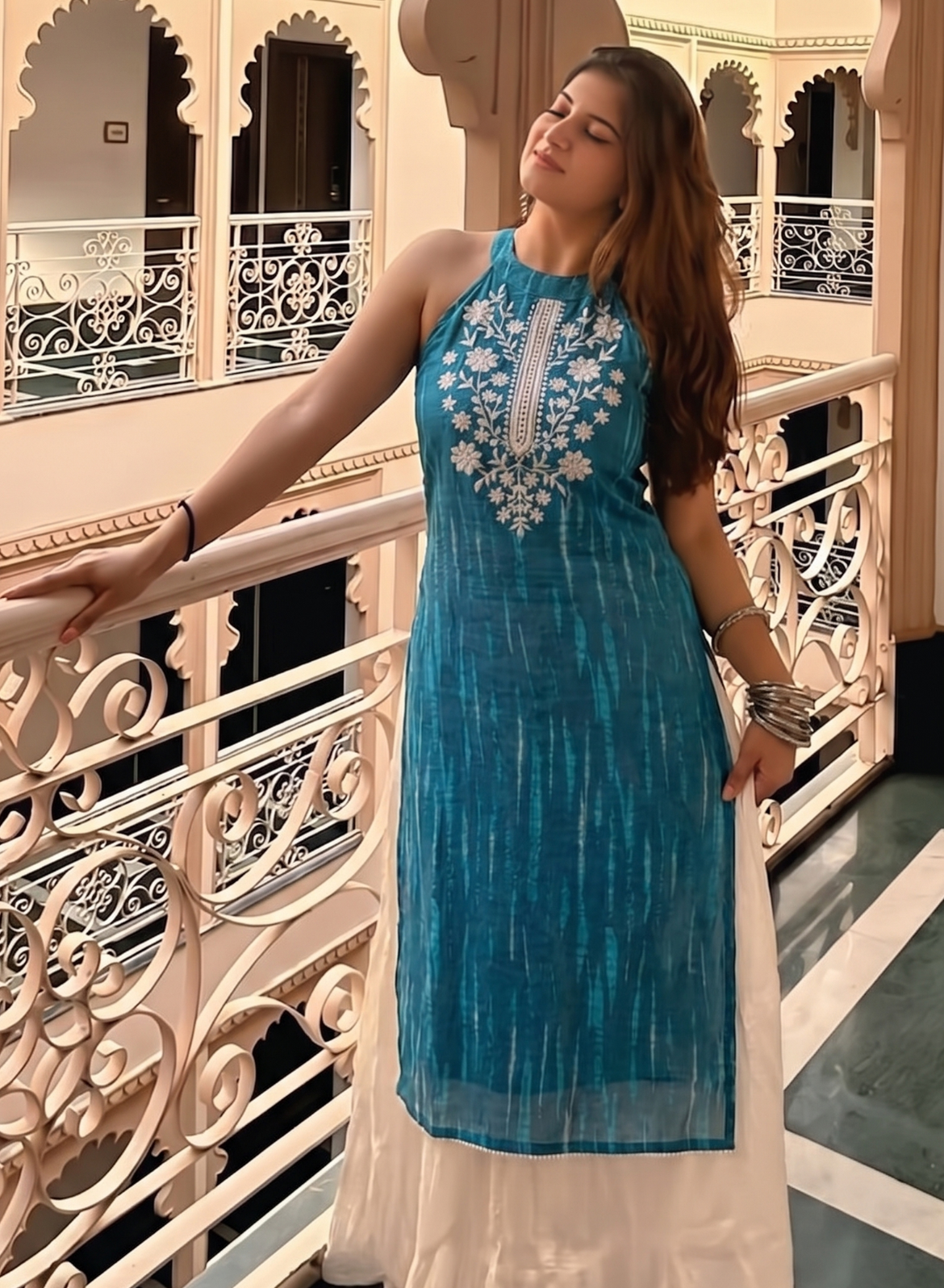 Aqua Teal Cotton Embroidered Straight Kurta