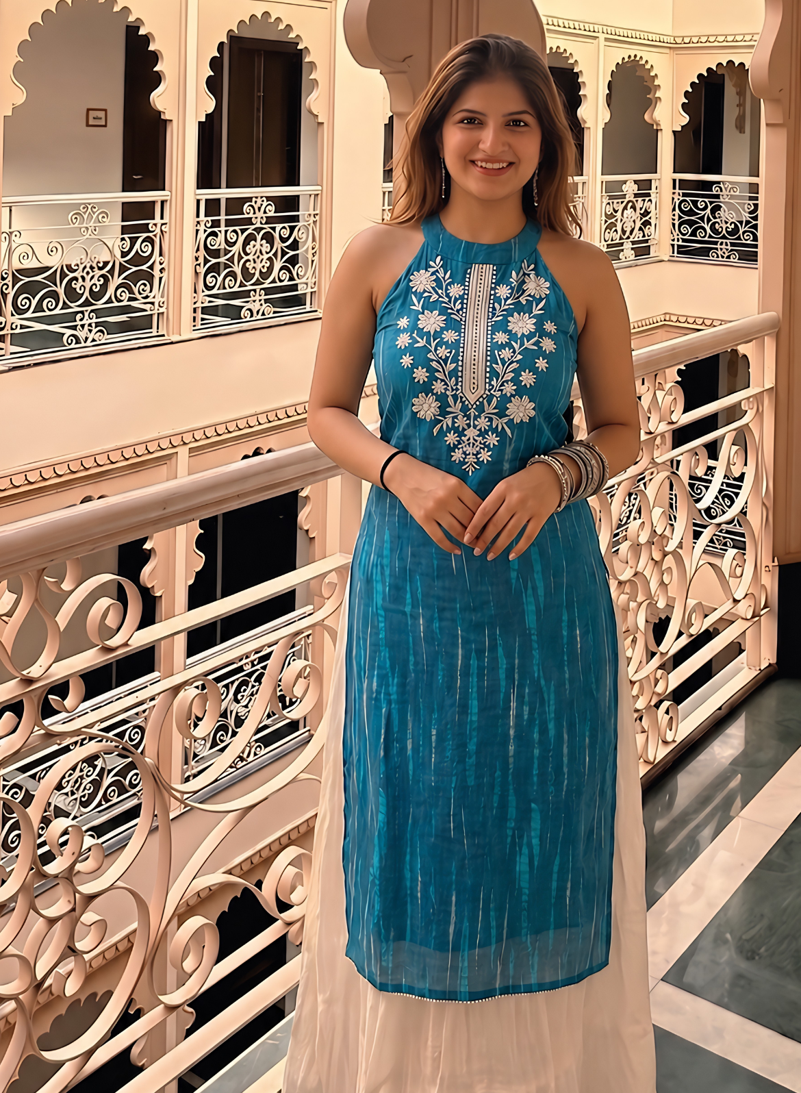Aqua Teal Cotton Embroidered Straight Kurta