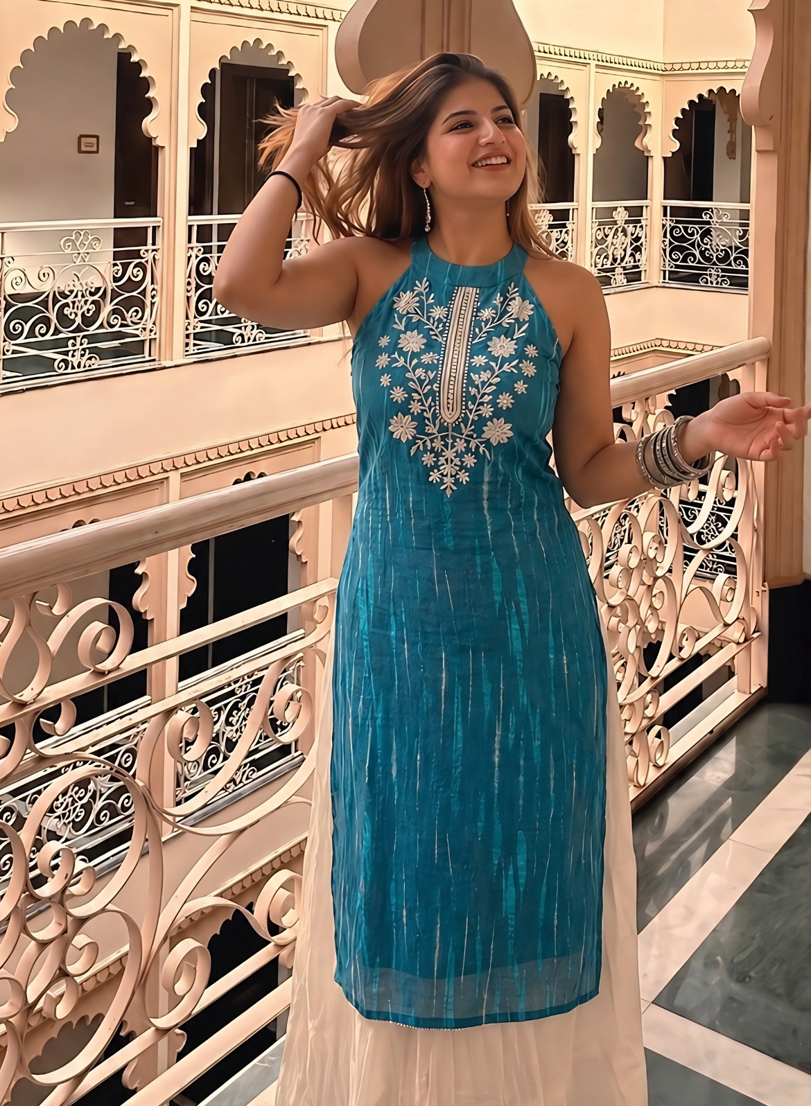 Aqua Teal Cotton Embroidered Straight Kurta