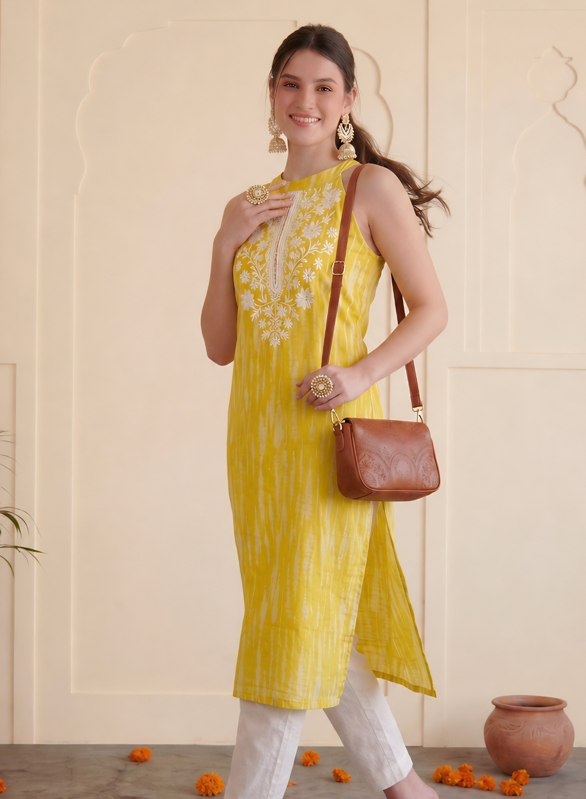 Sunshine Yellow Cotton Embroidered Straight Kurta