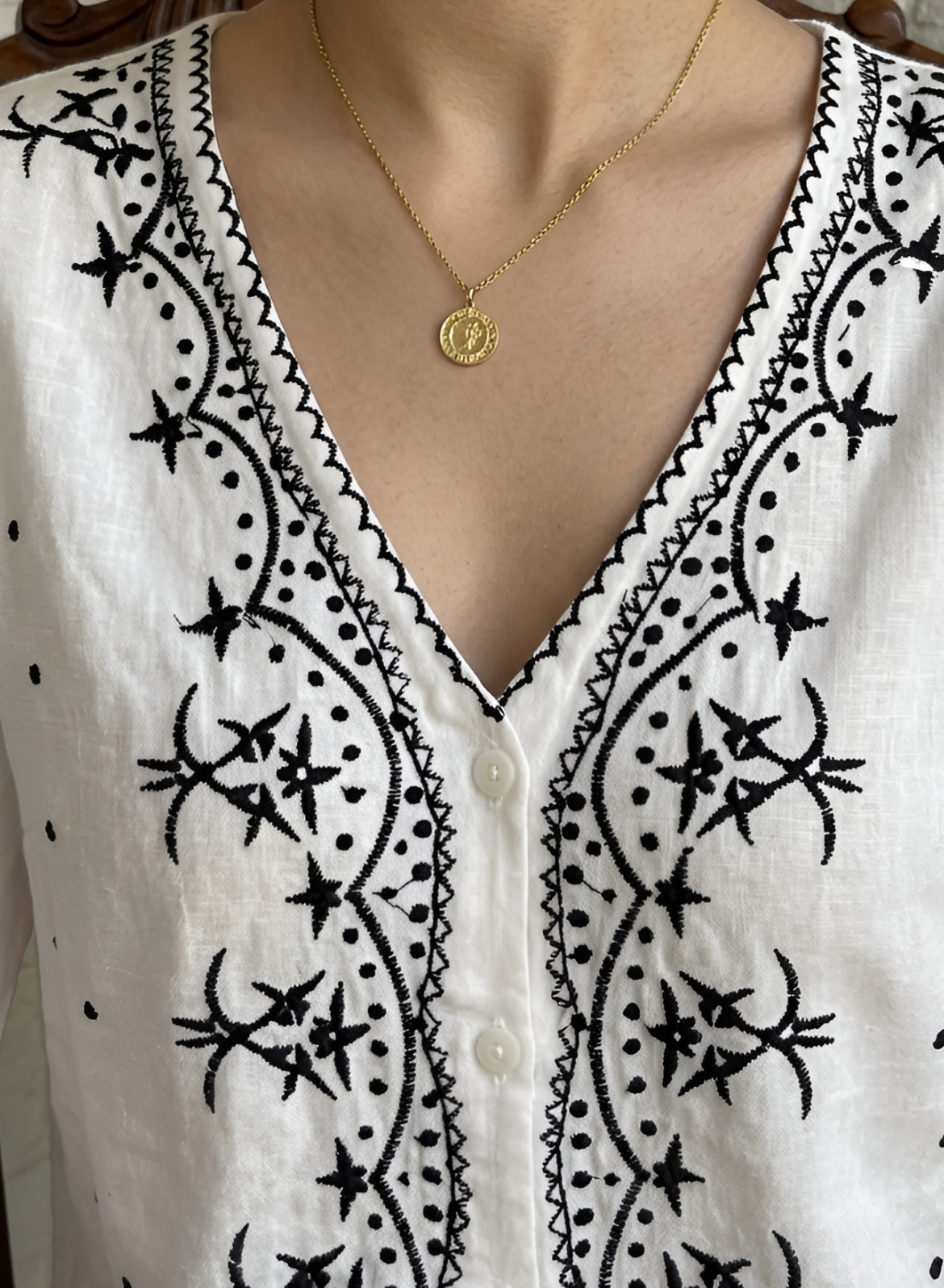 White & Black Embroidered Cotton Top