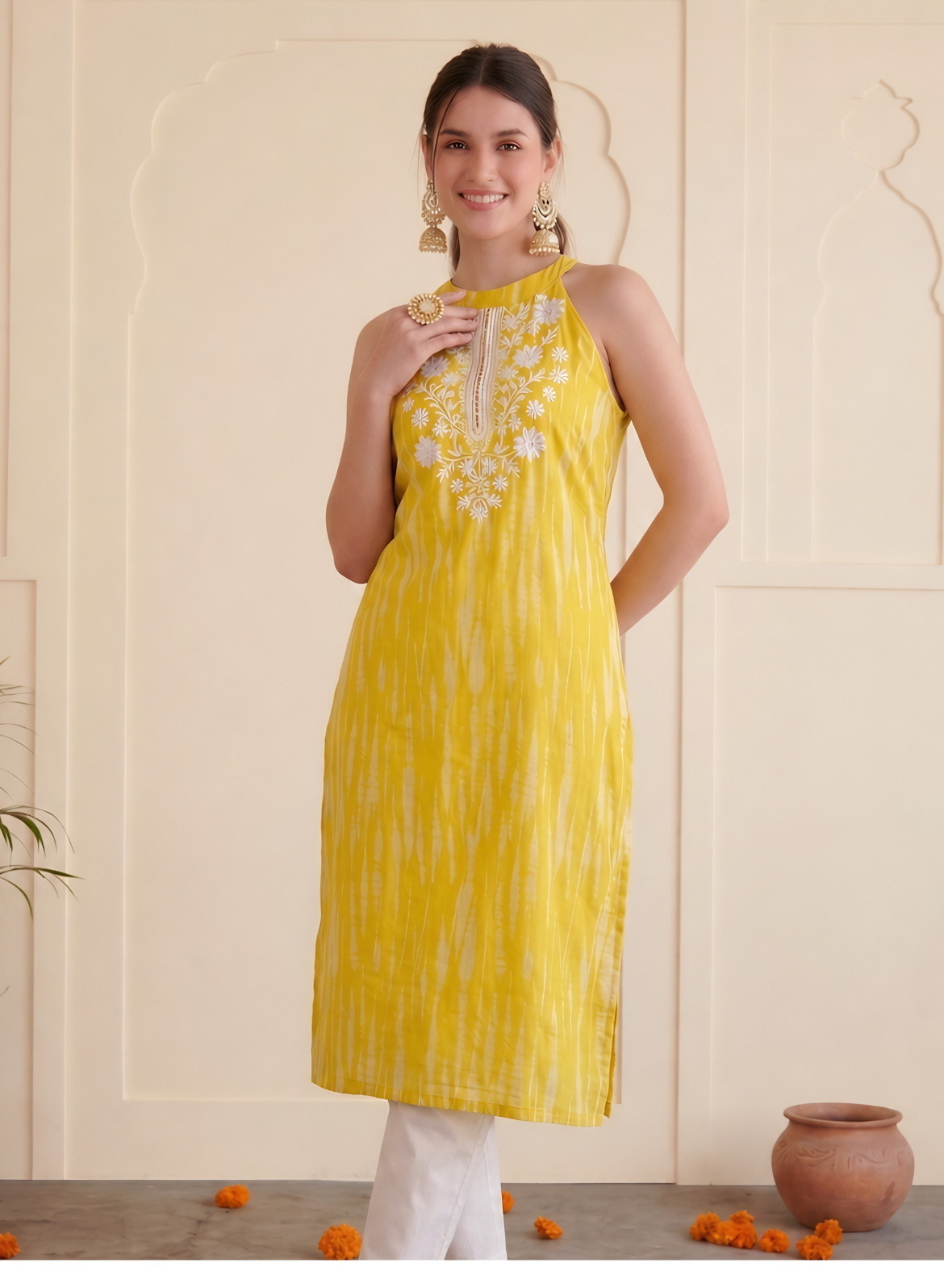 Sunshine Yellow Cotton Embroidered Straight Kurta