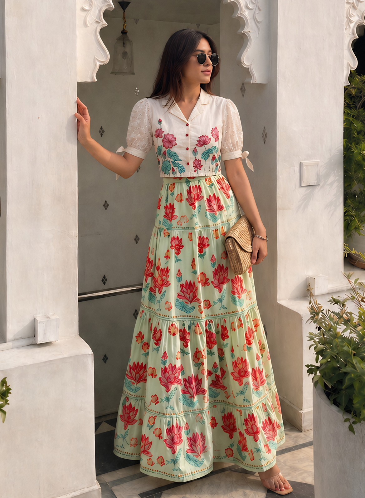 Mint Green Floral Skirt Set