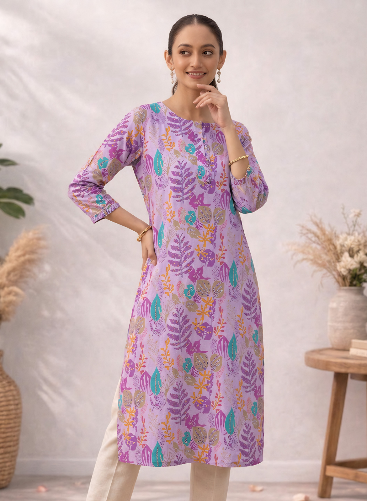 Lilac Printed Straight Kurta