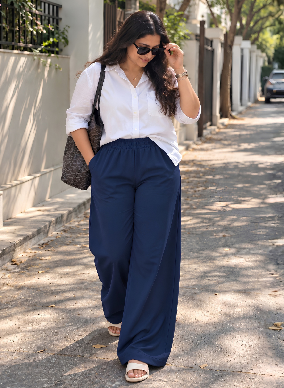 Navy Blue Supima Cotton Wide Leg Trousers