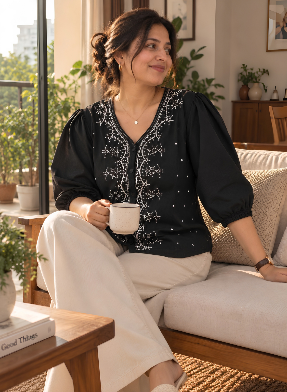 Black & Grey Embroidered Cotton Top
