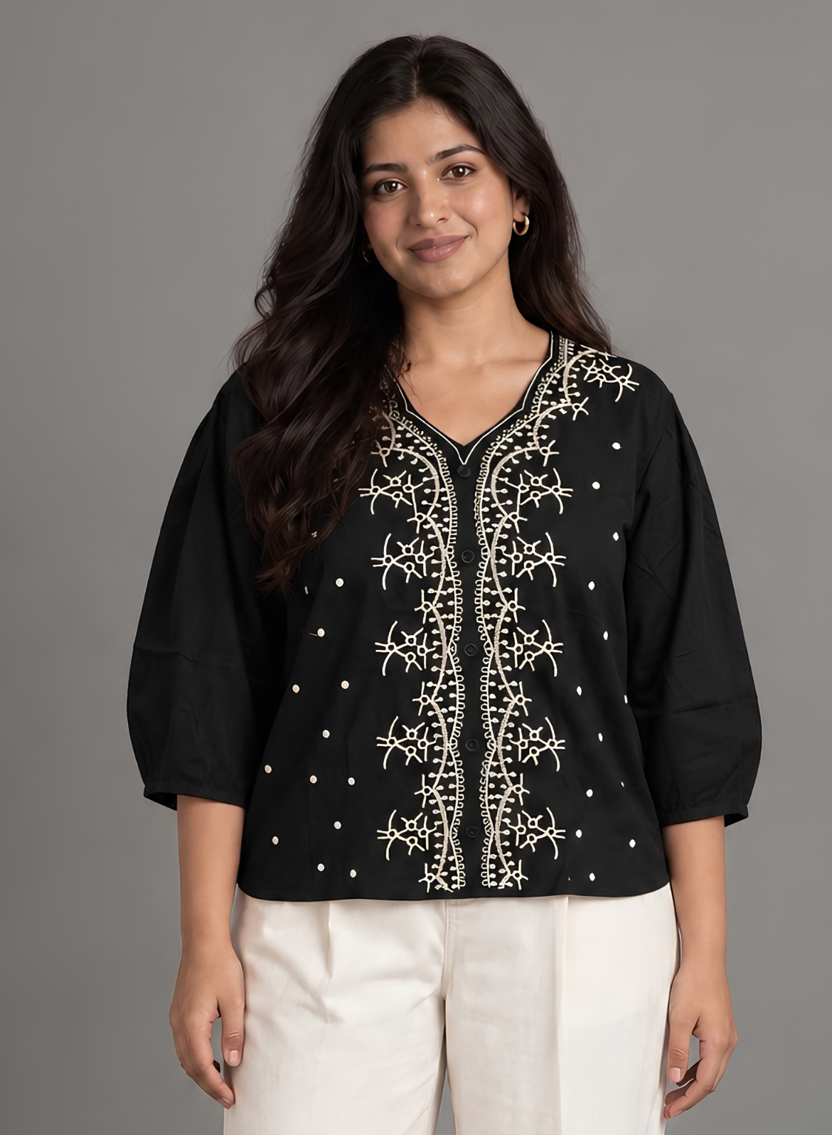 Black & Beige Embroidered Cotton Top
