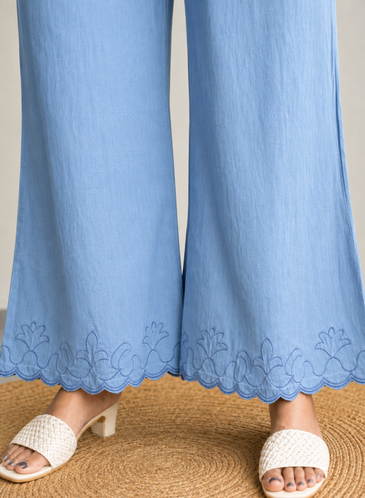 Light Blue Wide Leg Pants – Classic Embroidery