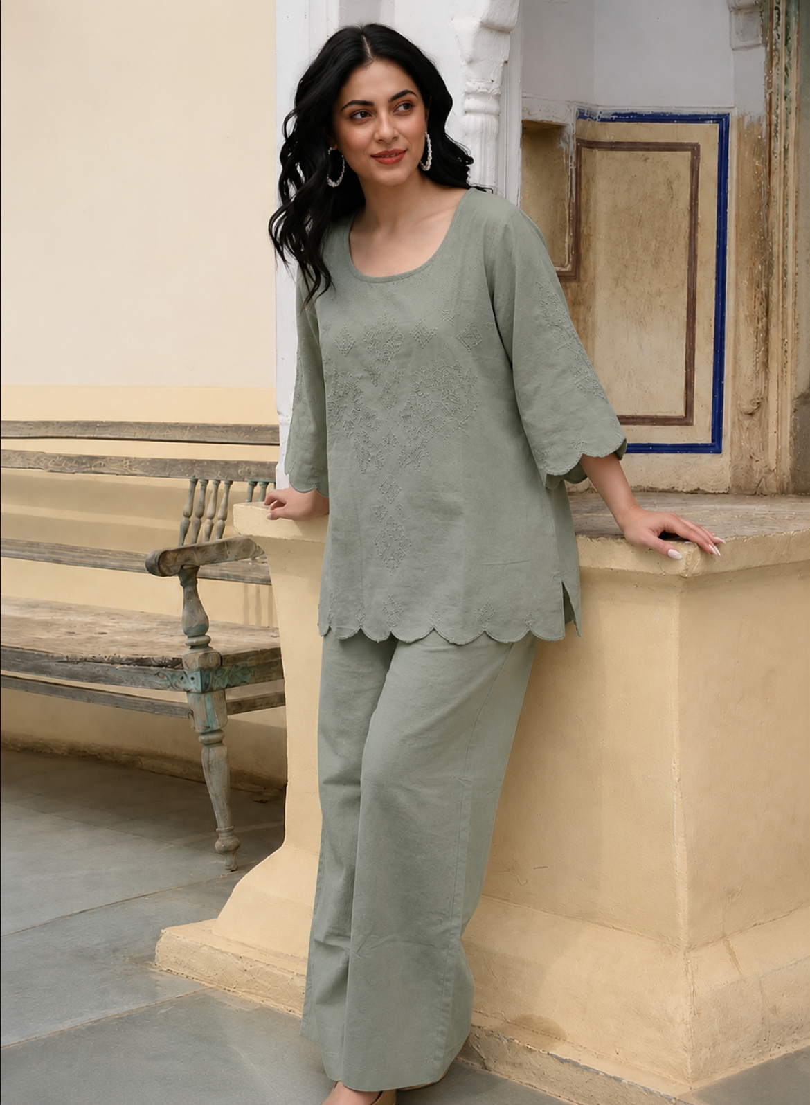Sage Green Cotton Embroidered Co-ord Set
