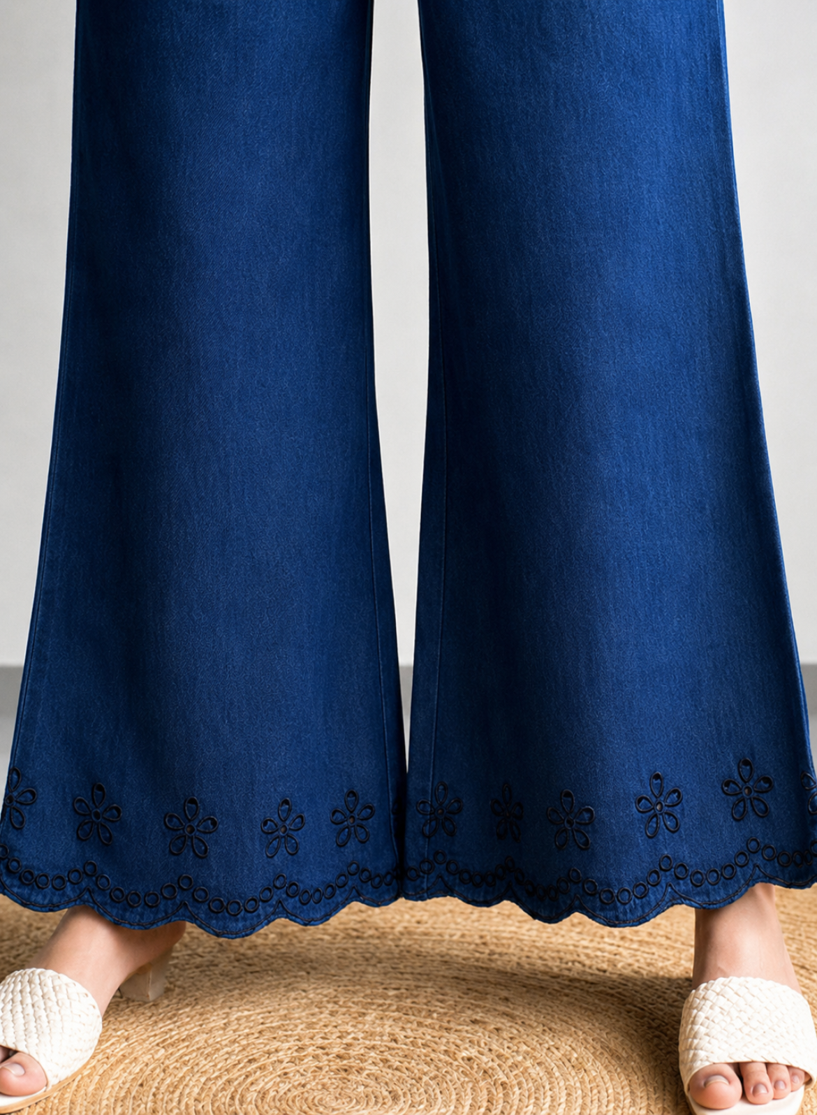 Navy Blue Wide Leg Pants – Floral Embroidery