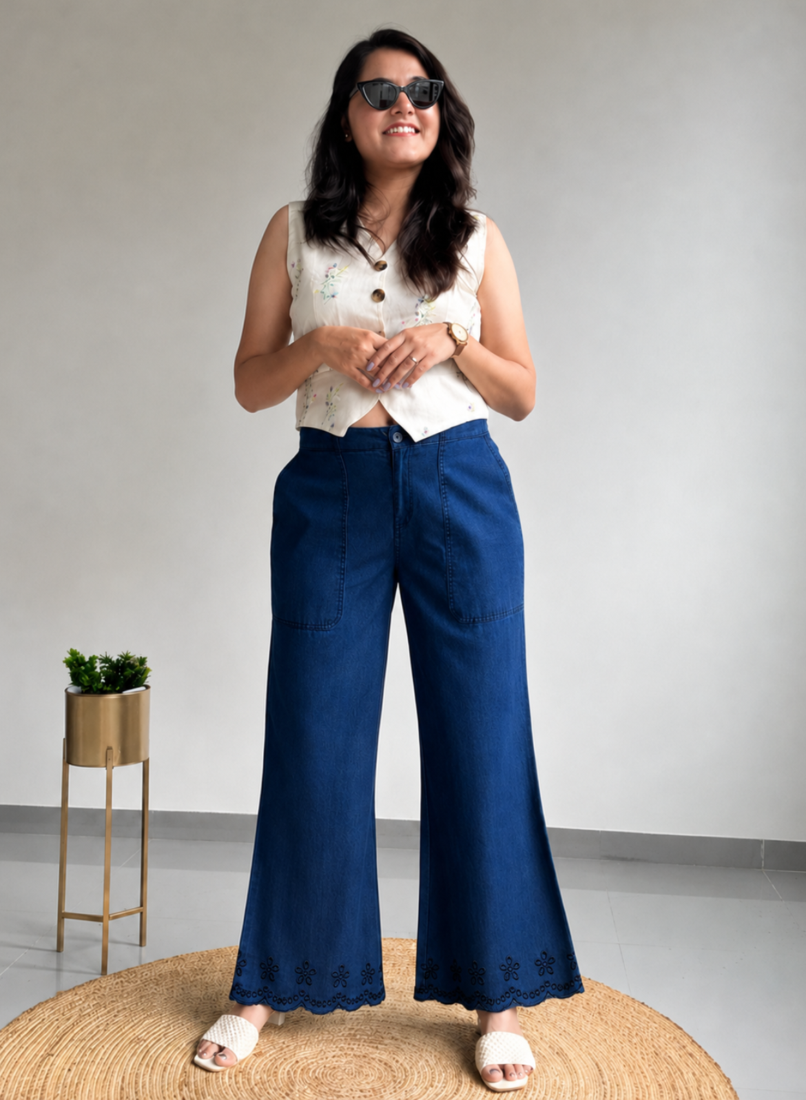 Navy Blue Wide Leg Pants – Floral Embroidery