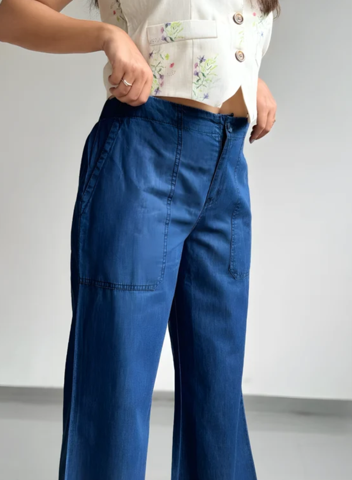 Navy Blue Wide Leg Pants – Floral Embroidery