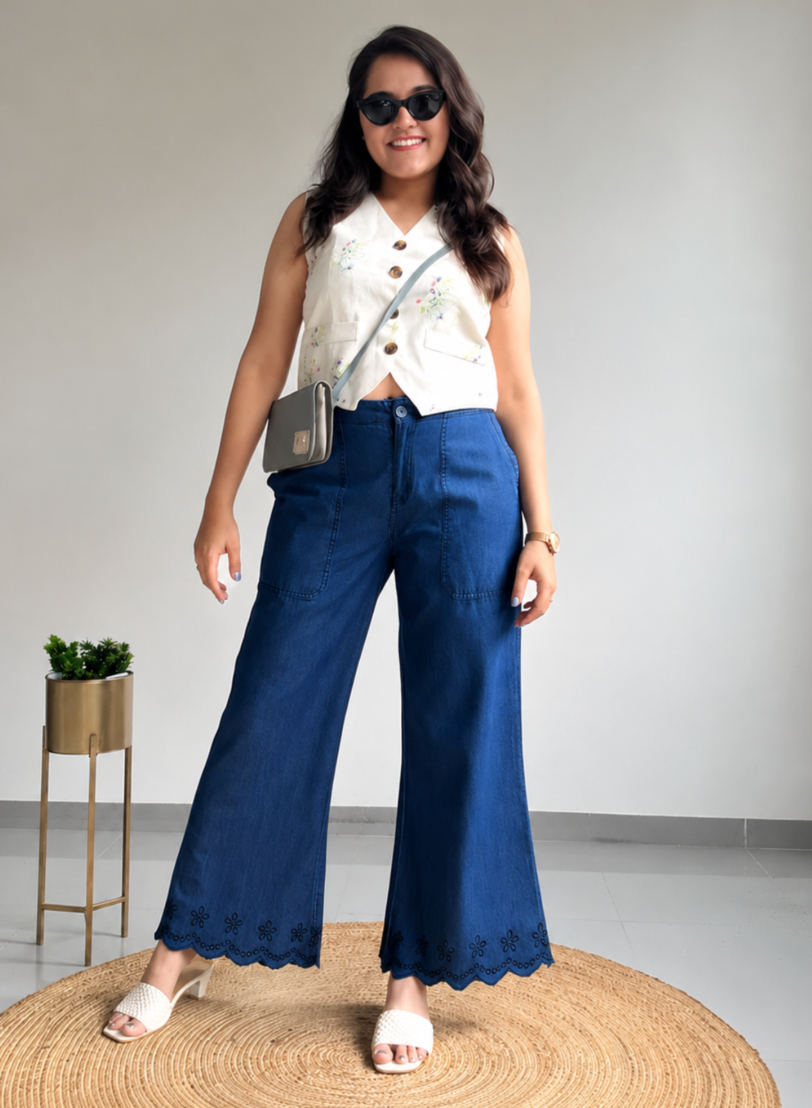 Navy Blue Wide Leg Pants – Floral Embroidery