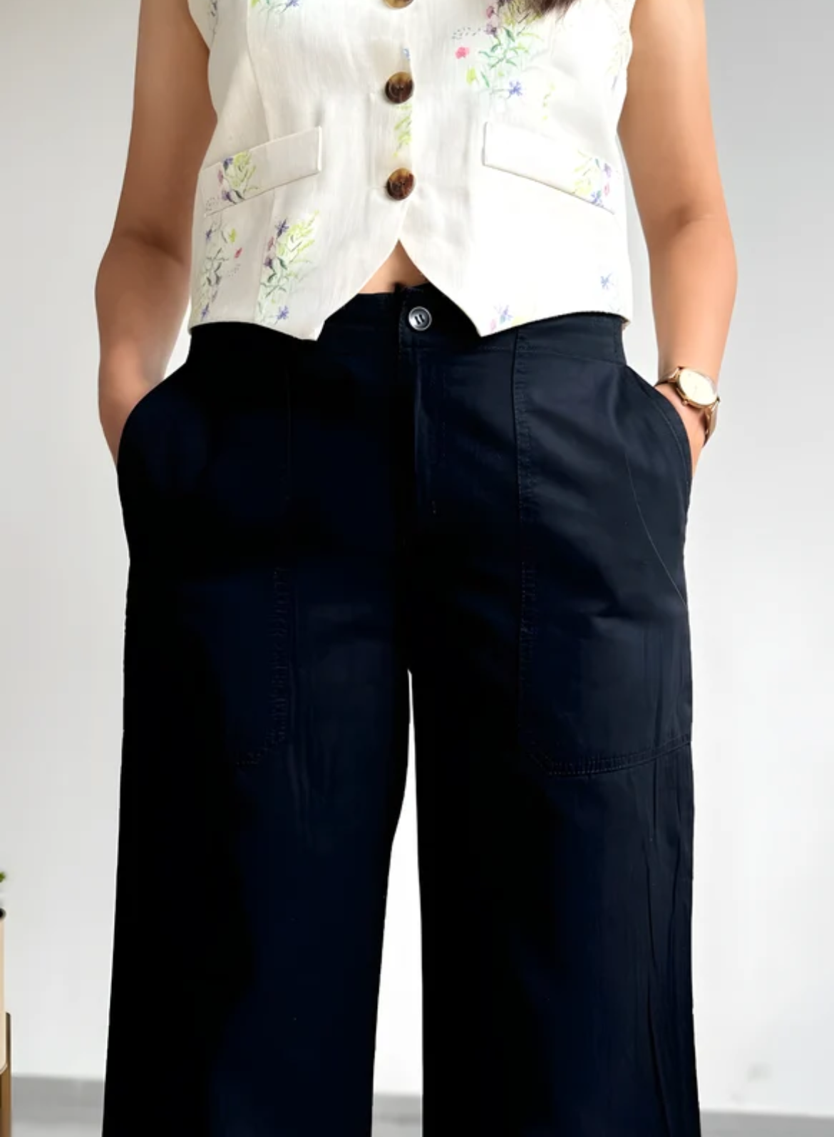 Black Wide Leg Pants – Floral Embroidery