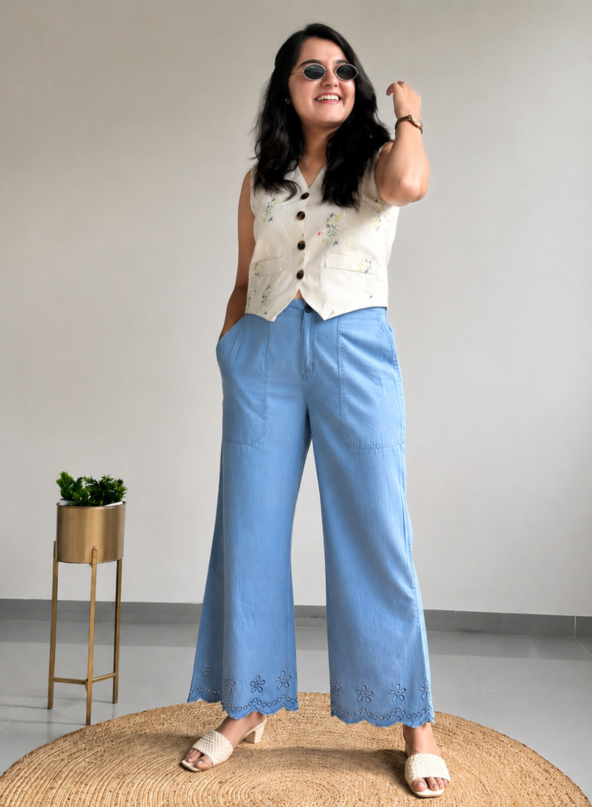 Light Blue Wide Leg Pants – Floral Embroidery