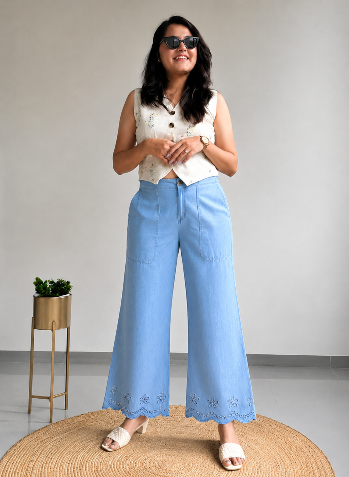 Light Blue Wide Leg Pants – Floral Embroidery