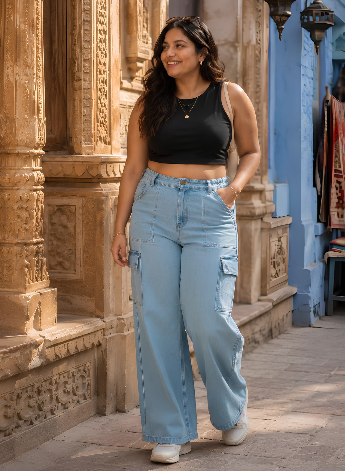 Women's Light Blue Wide Leg Cargo Jeans