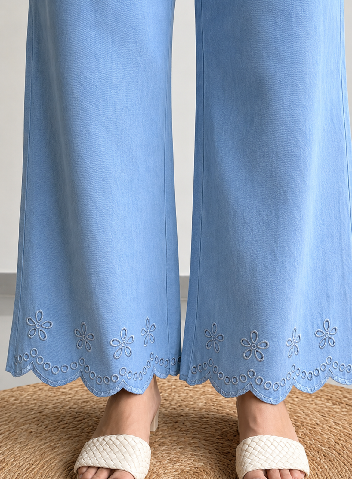 Light Blue Wide Leg Pants – Floral Embroidery