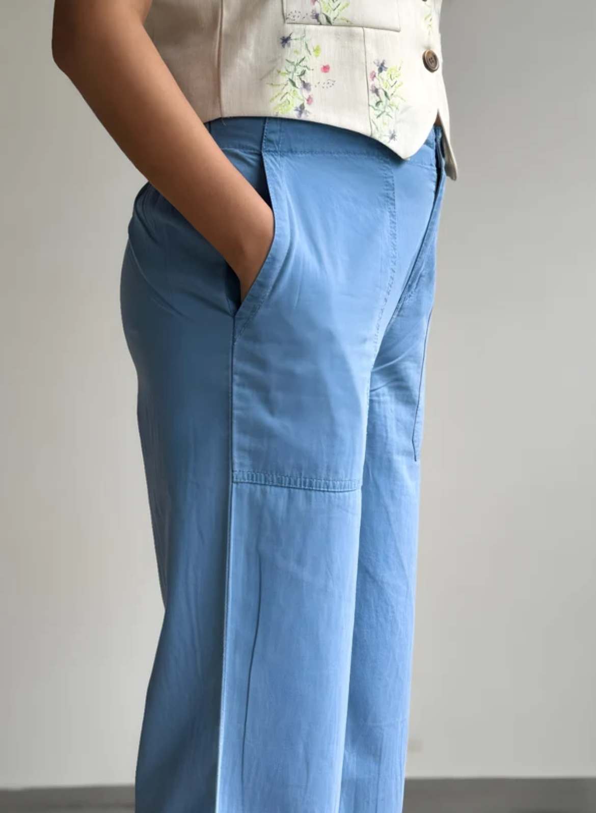 Light Blue Wide Leg Pants – Floral Embroidery