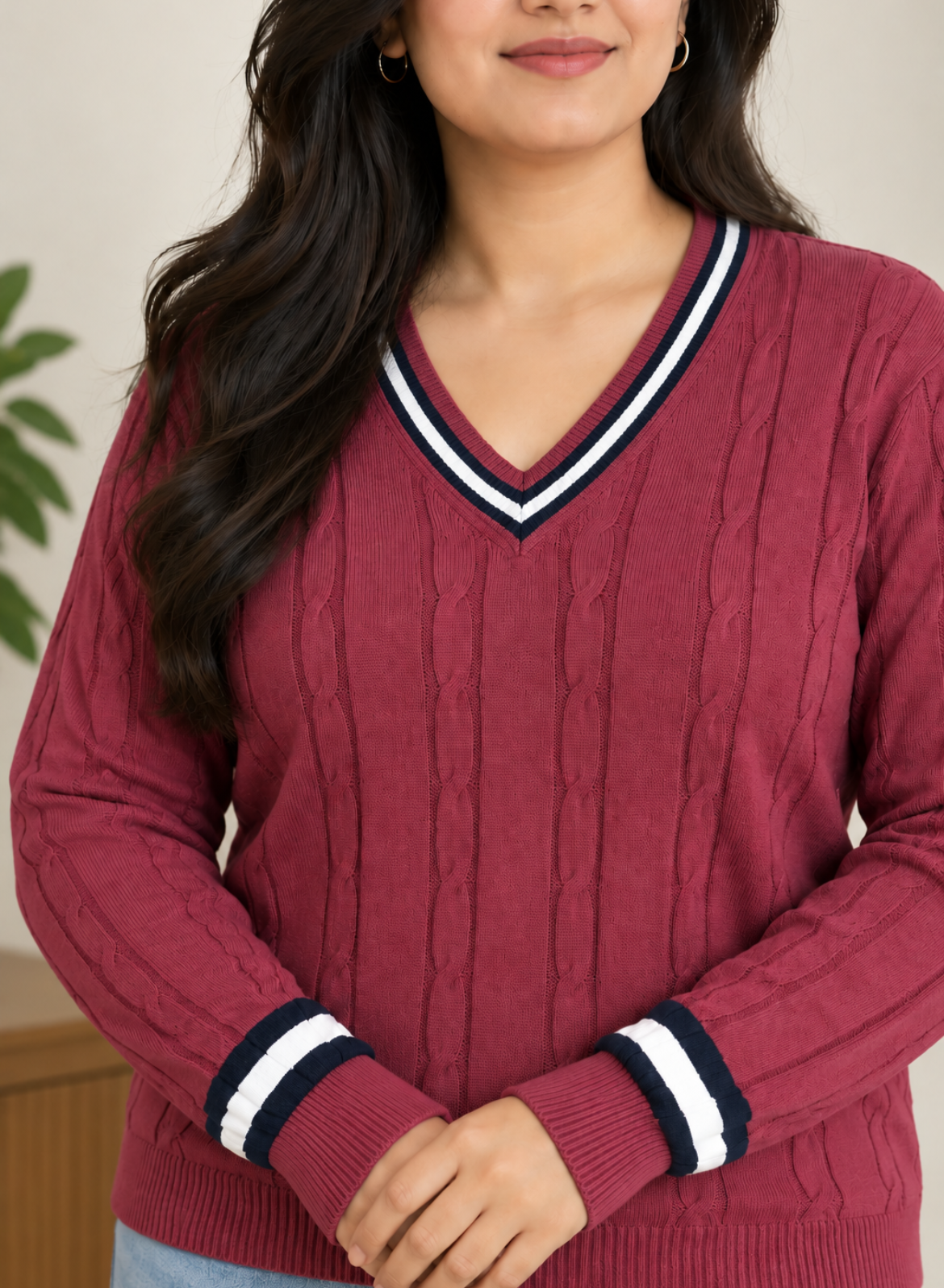 Rose Pink Cable Knit V-Neck Sweater