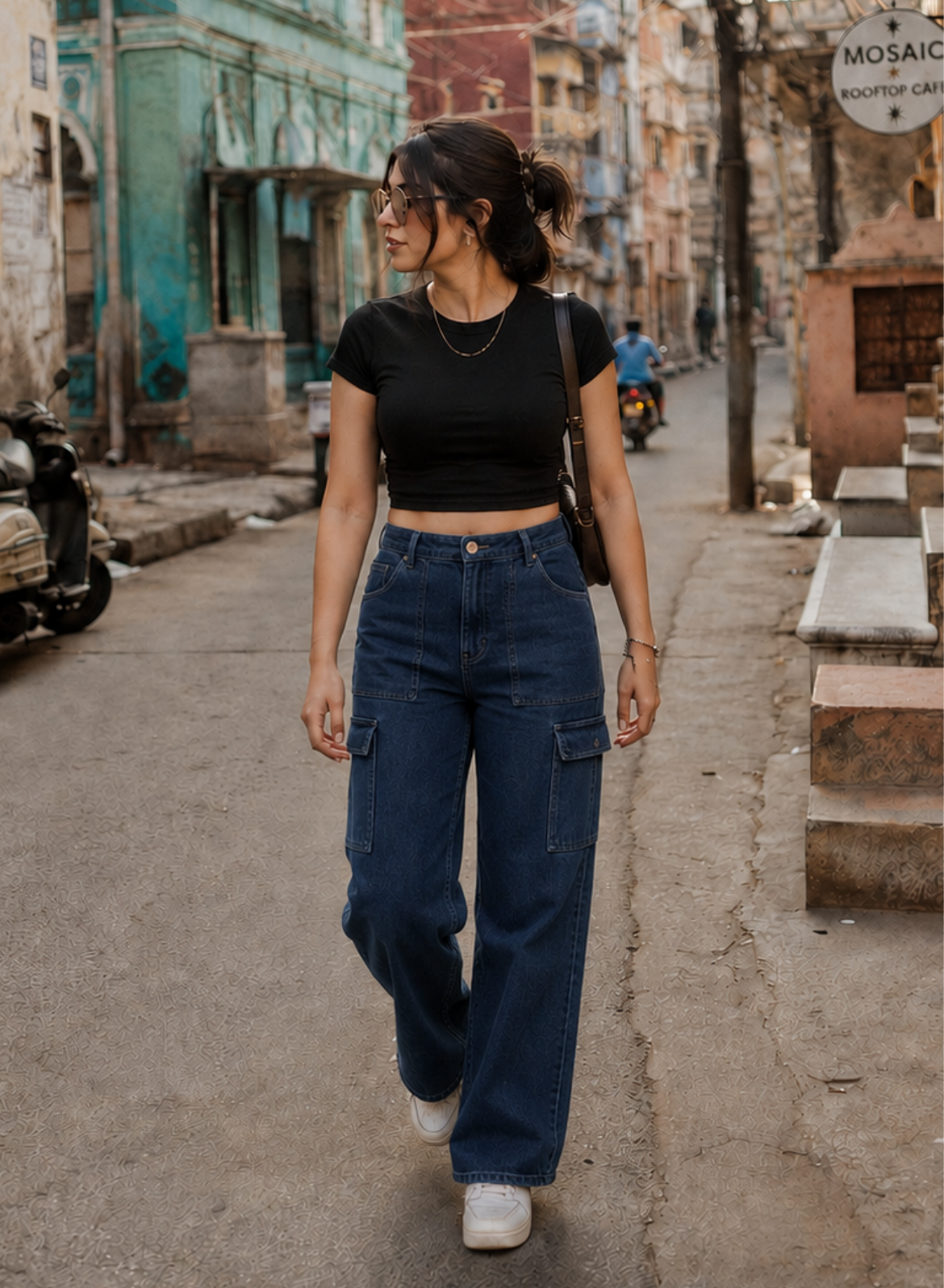 Women's Navy Blue Wide Leg Cargo Jeans