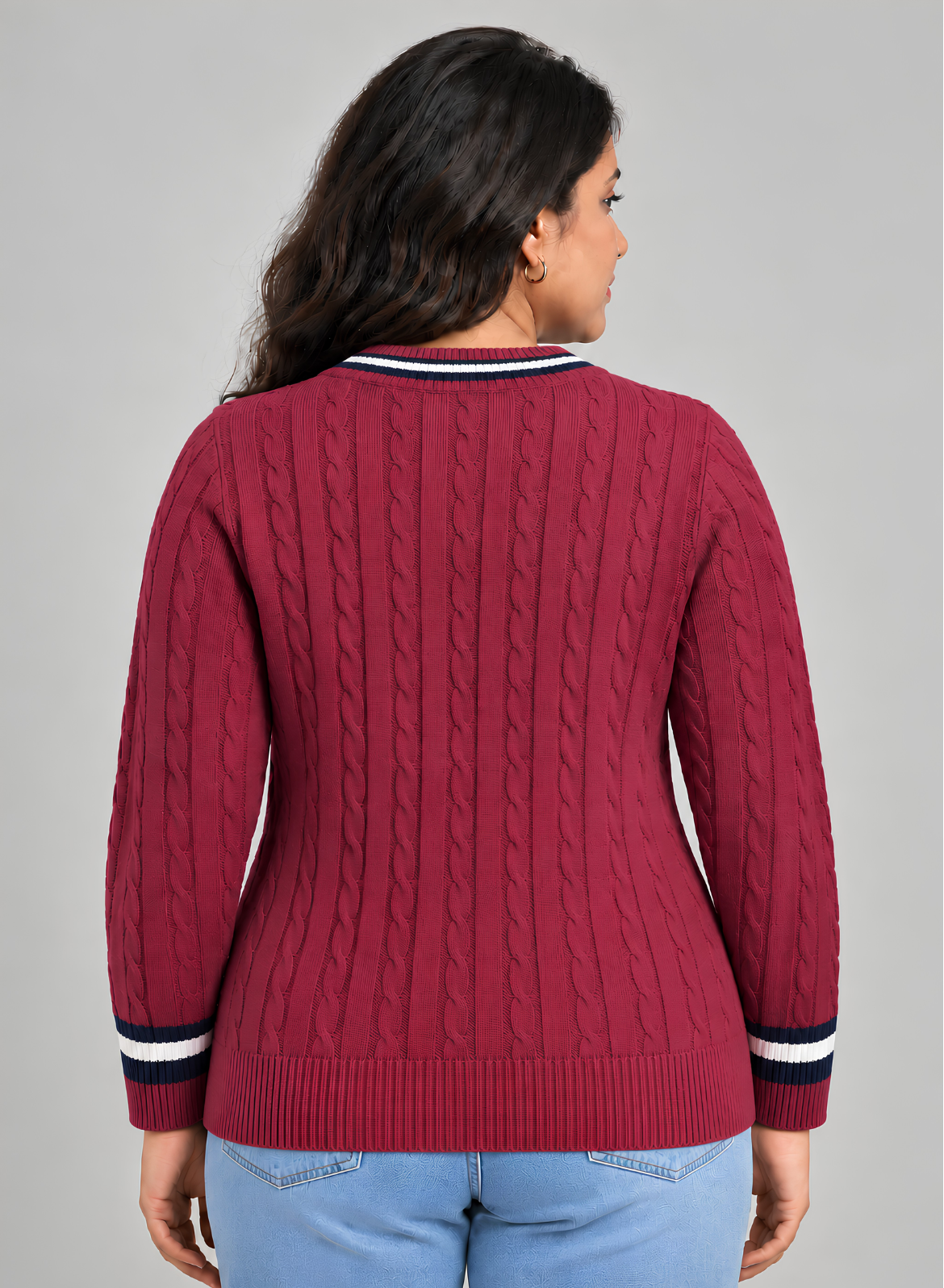 Rose Pink Cable Knit V-Neck Sweater