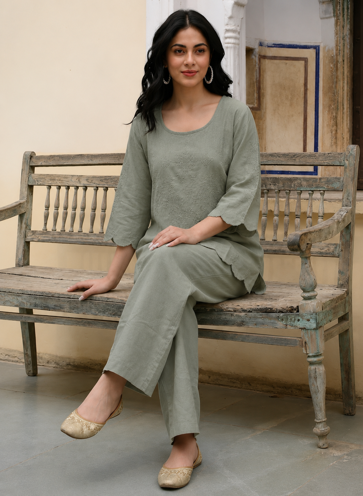 Sage Green Cotton Embroidered Co-ord Set