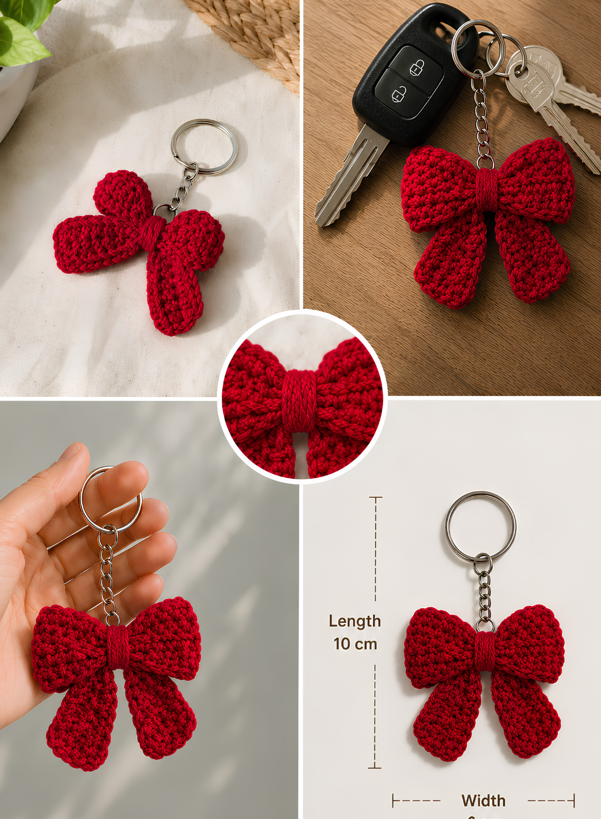 Crochet Bow Keychain - Cherry Red