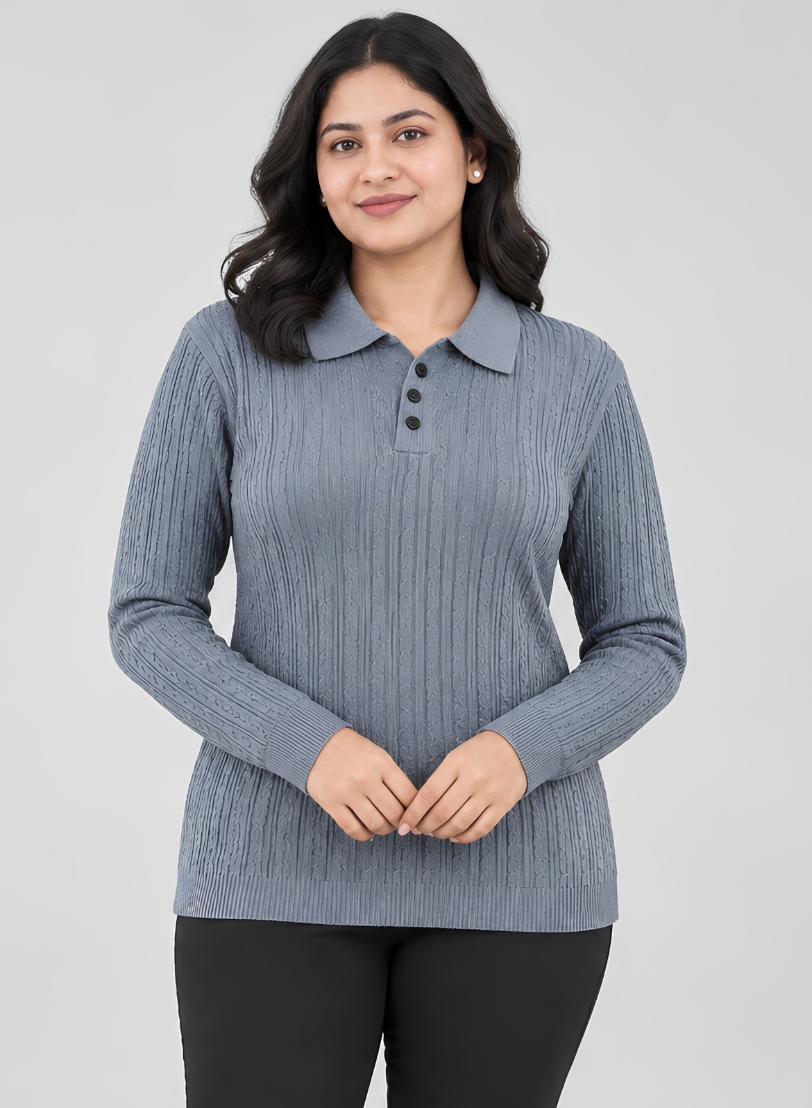 Grey Cable Knit Polo Top