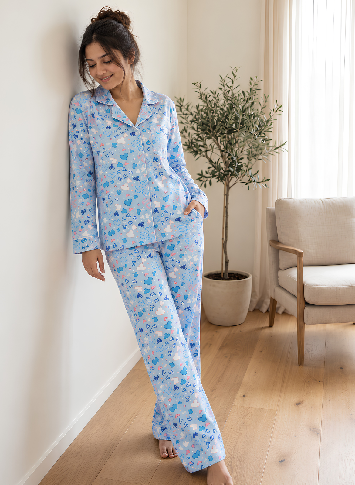 Blue Heart Print Pajama Set