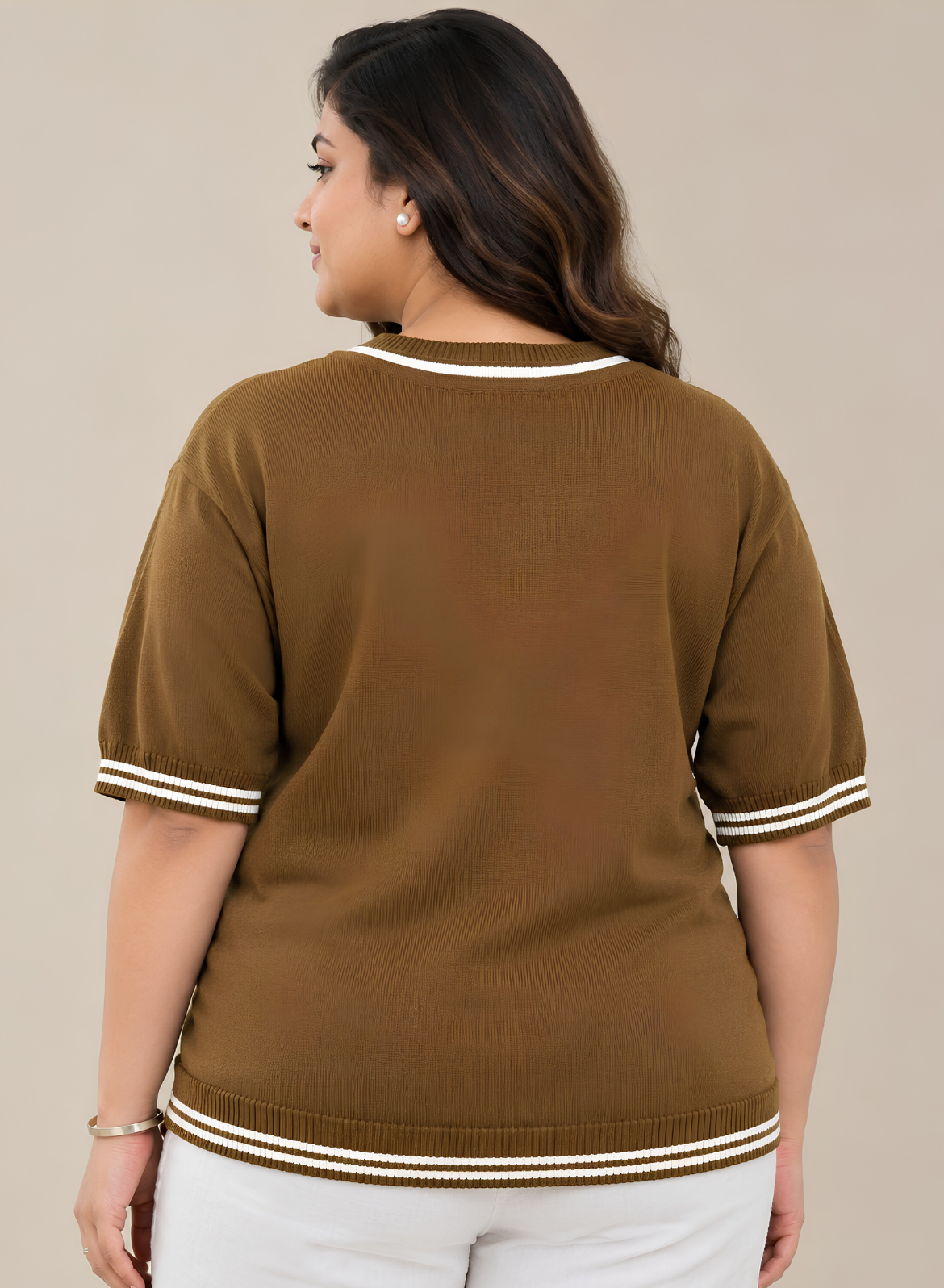 Olive Brown Knit V-Neck Top