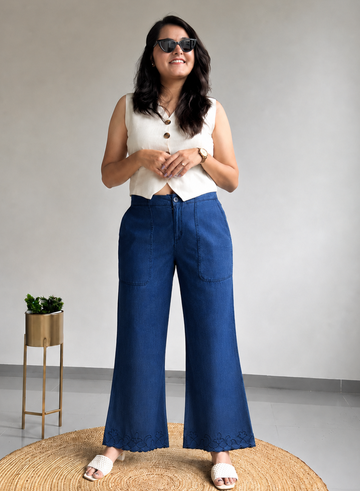 Navy Blue Wide Leg Pants – Classic Embroidery