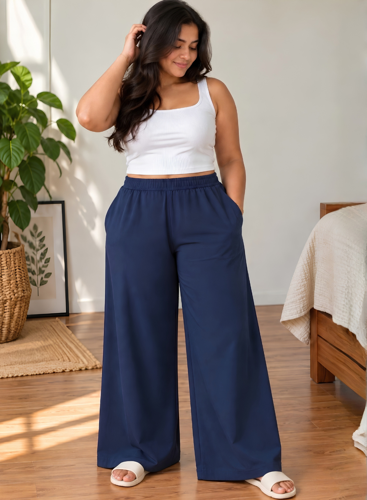 Navy Blue Supima Cotton Wide Leg Trousers