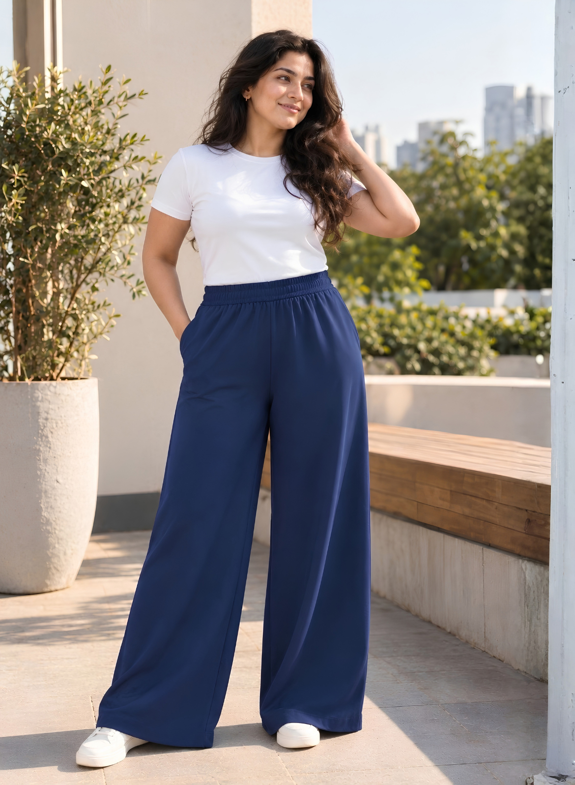 Navy Blue Supima Cotton Wide Leg Trousers