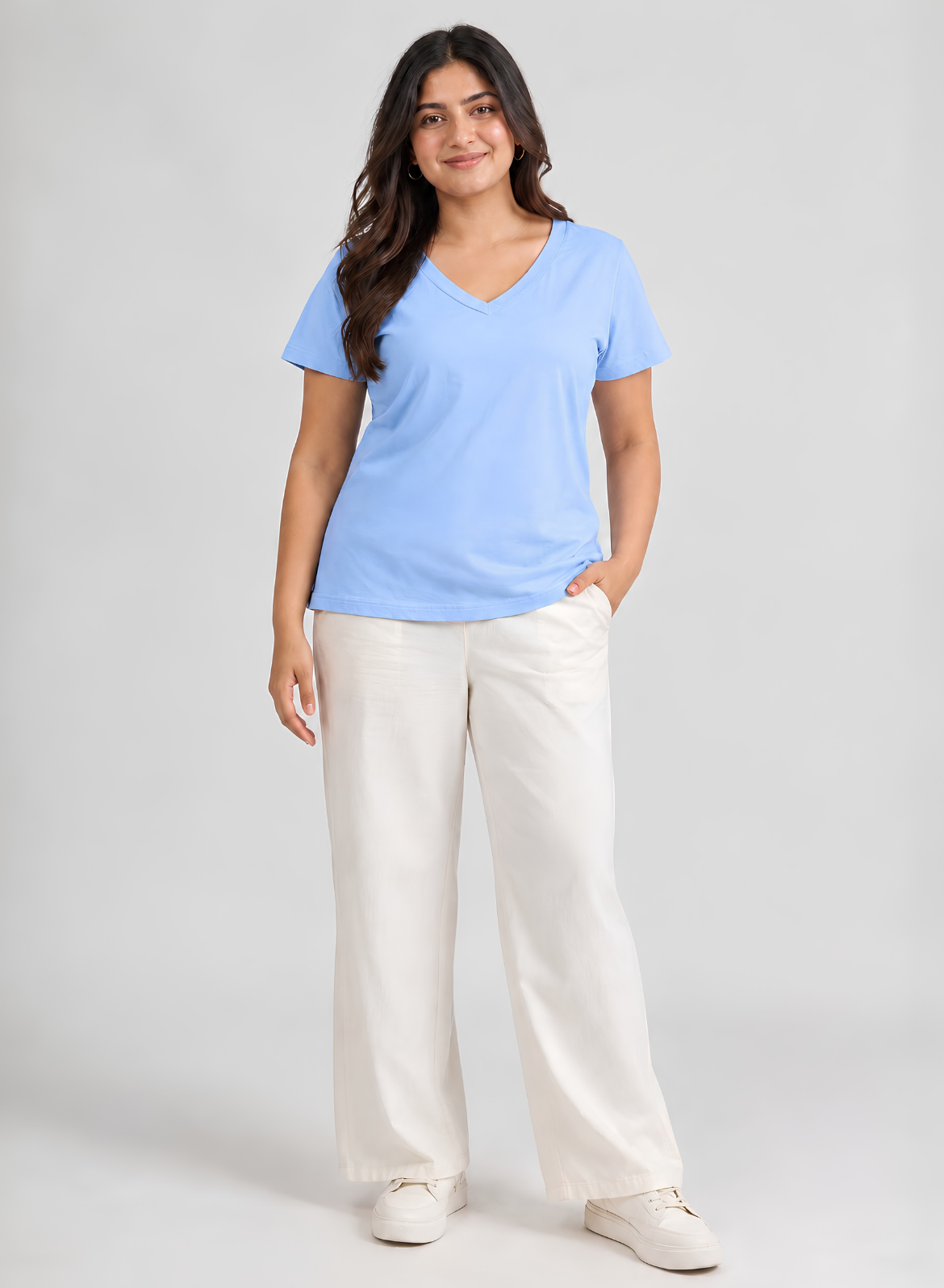 Baby Blue Solid V-Neck T-shirt for Women