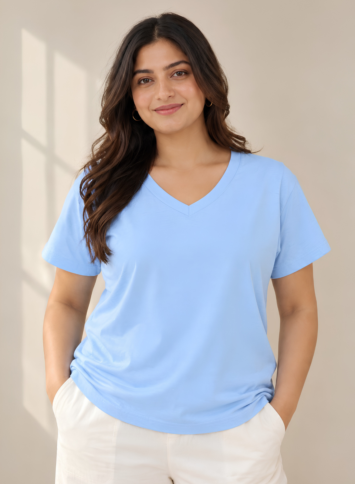 Baby Blue Solid V-Neck T-shirt for Women