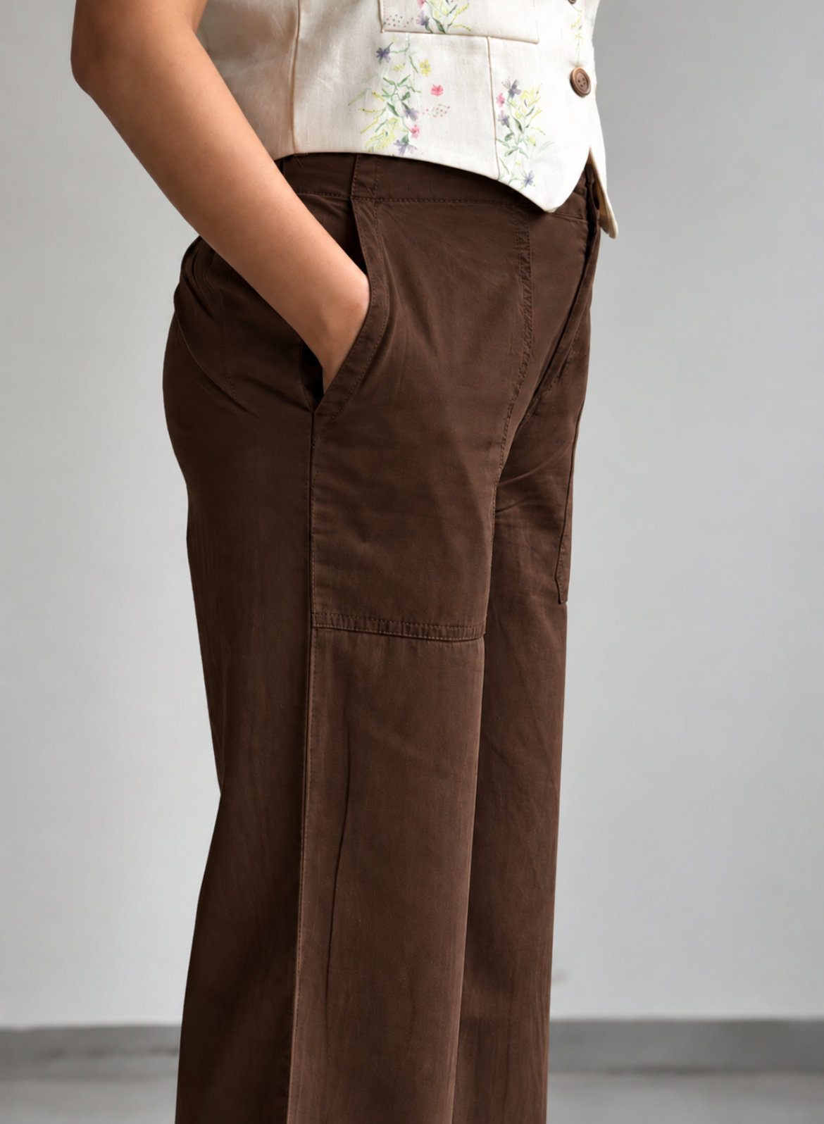 Coffee Wide Leg Pants – Floral Embroidery