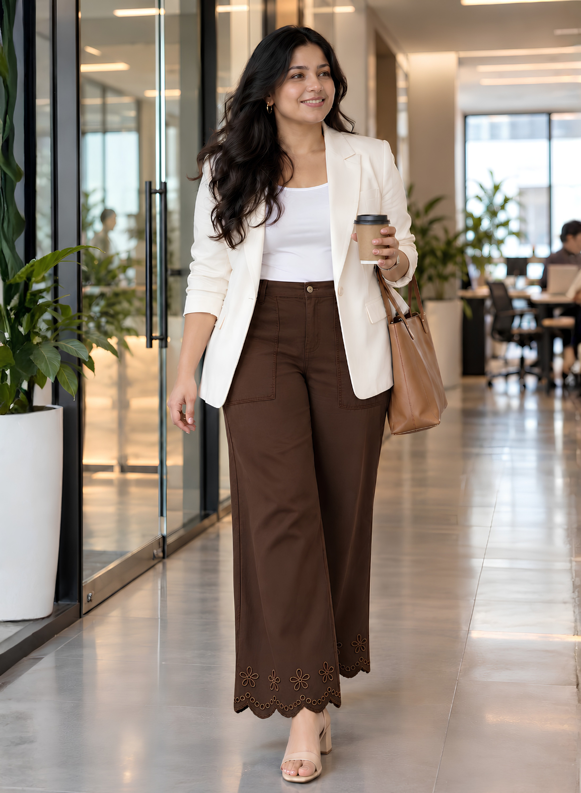 Coffee Wide Leg Pants – Floral Embroidery