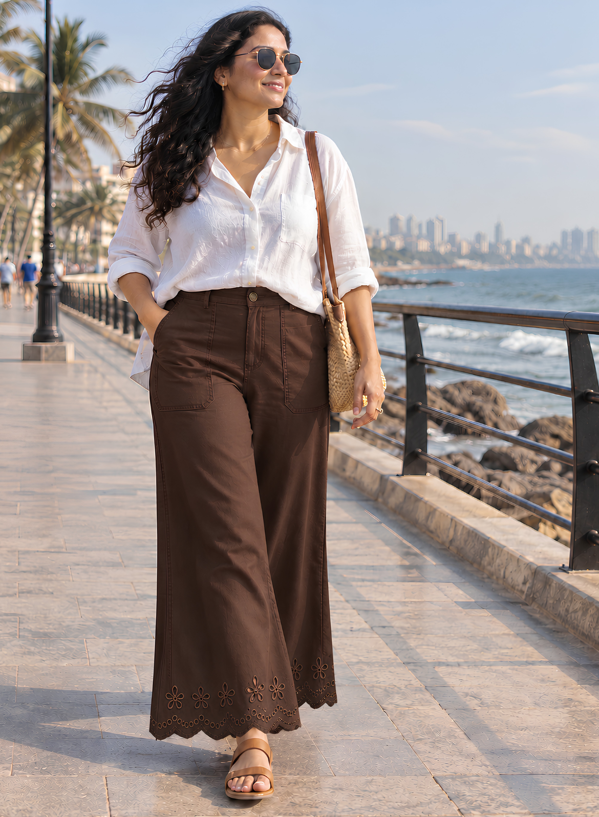 Coffee Wide Leg Pants – Floral Embroidery