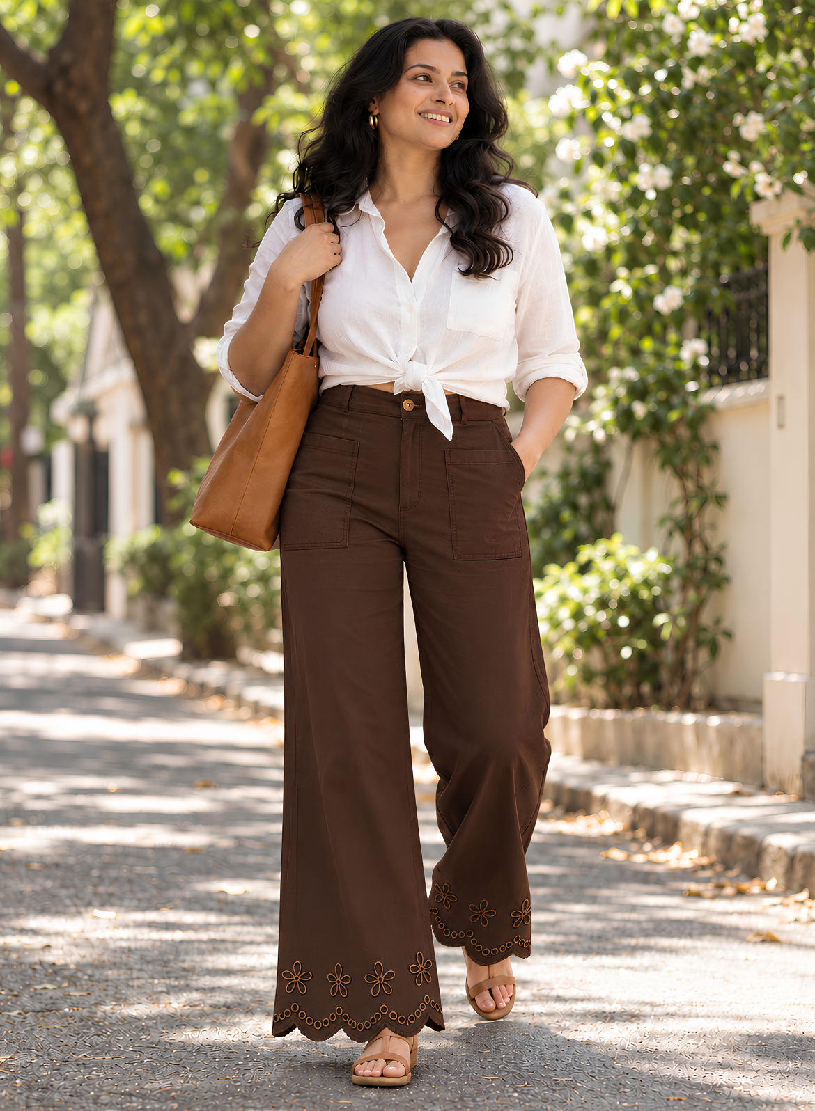 Coffee Wide Leg Pants – Floral Embroidery