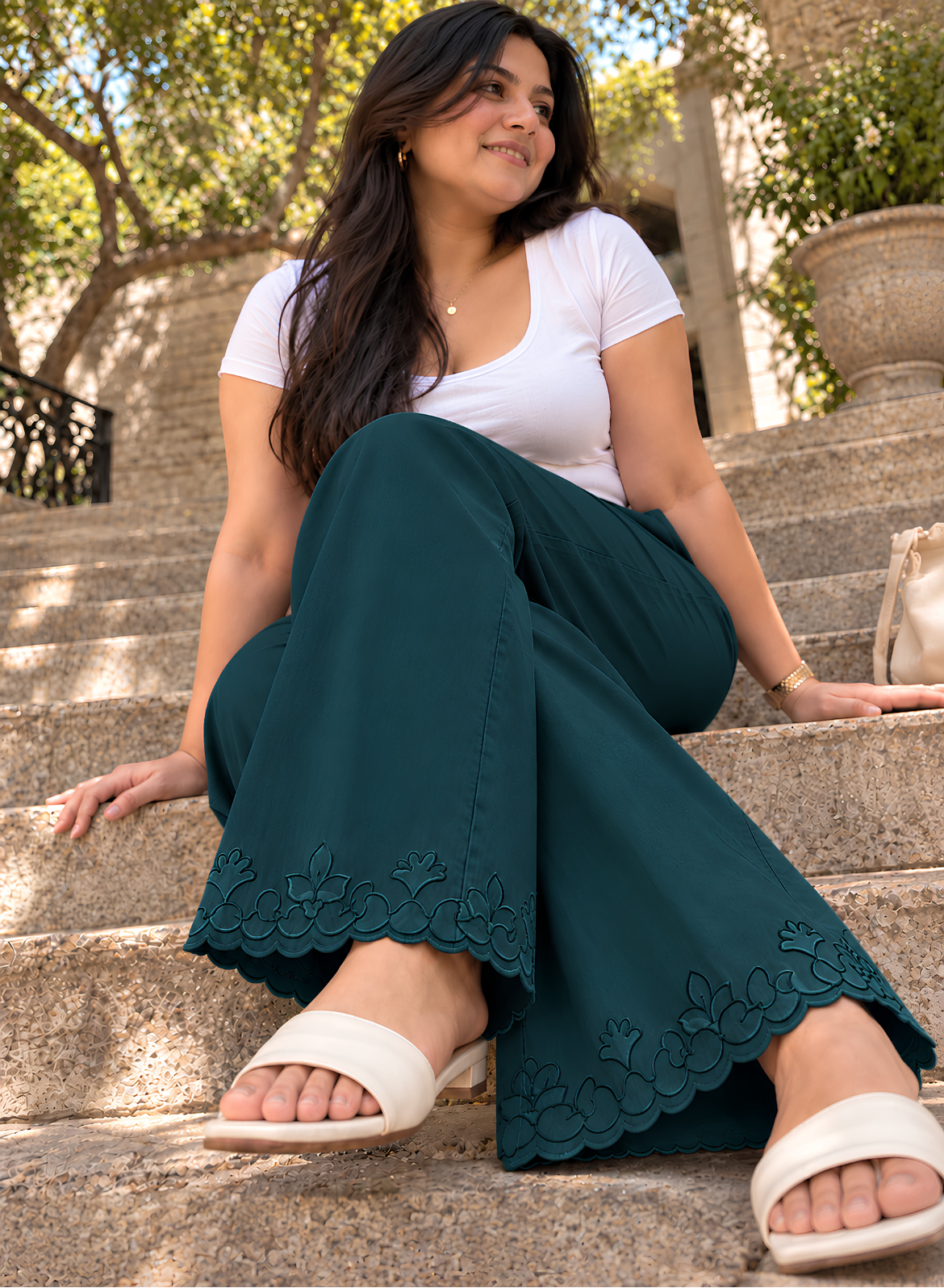 Olive Green Wide Leg Pants – Classic Embroidery