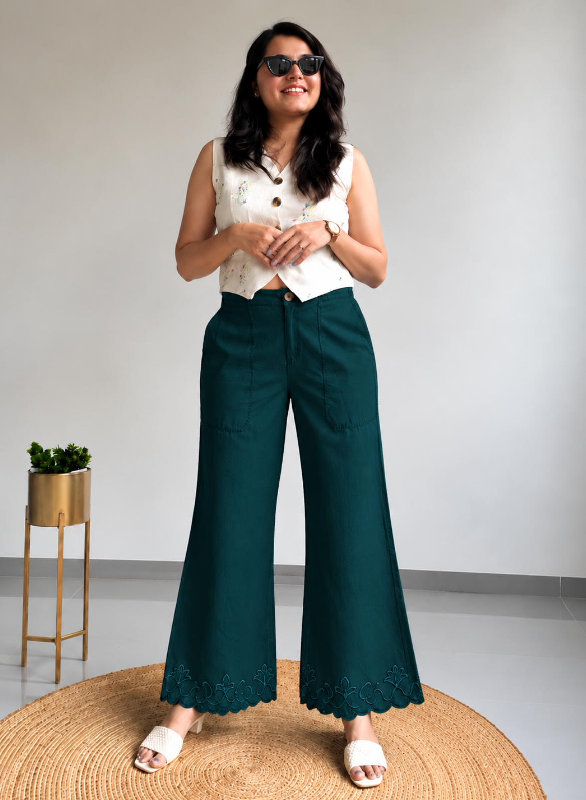 Olive Green Wide Leg Pants – Classic Embroidery
