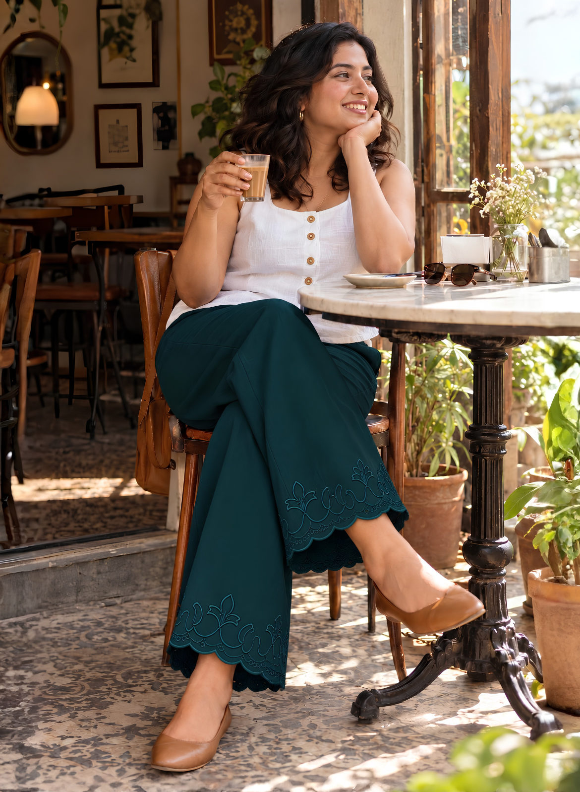 Olive Green Wide Leg Pants – Classic Embroidery