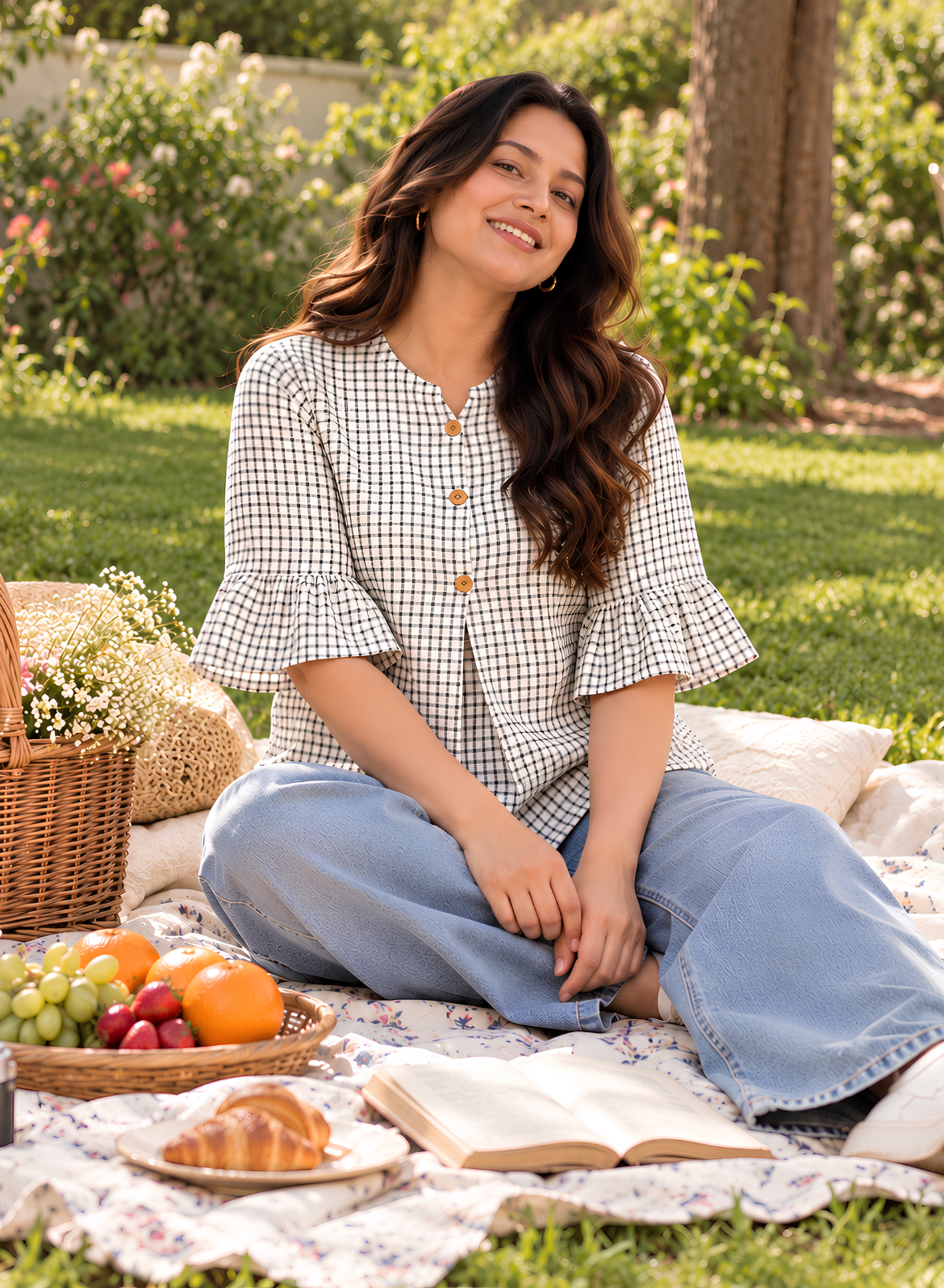 White & Black Checked Pure Cotton Top