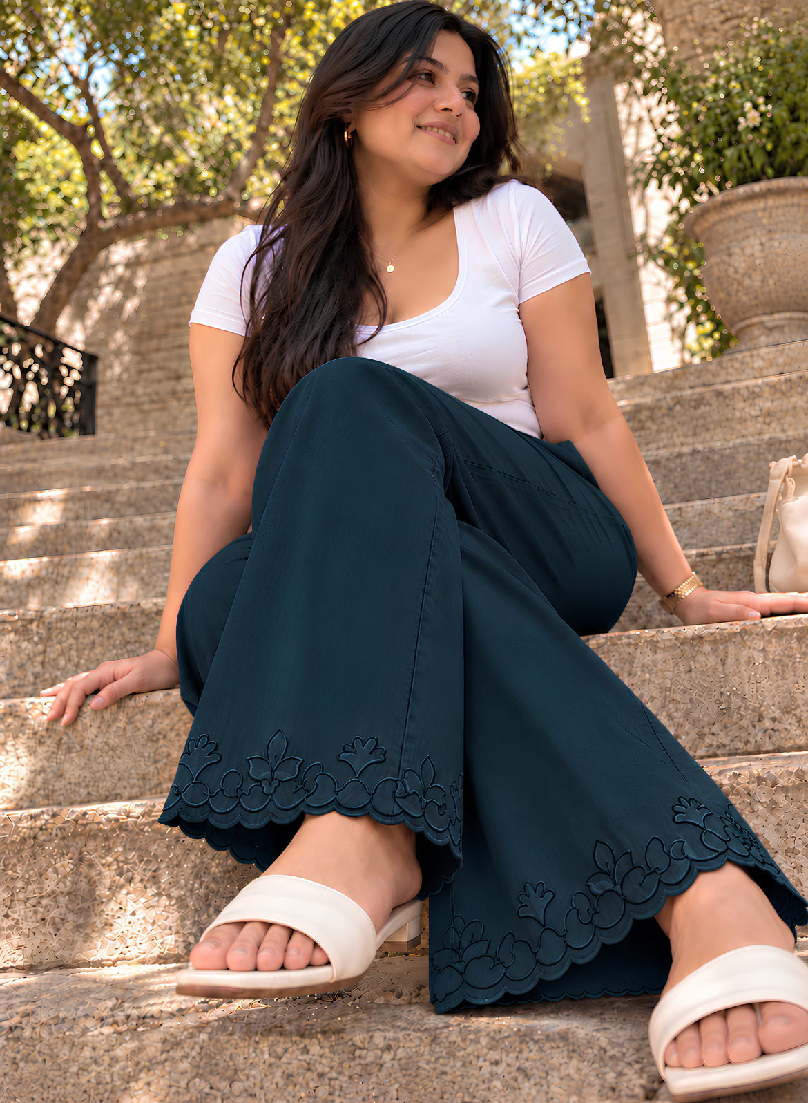 Olive Green Wide Leg Pants – Classic Embroidery