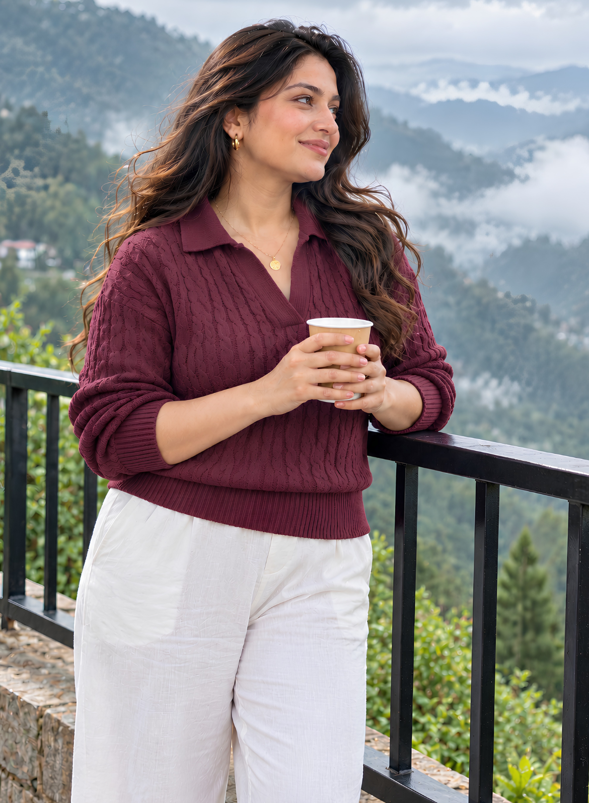 Burgundy Cable Knit Polo Top