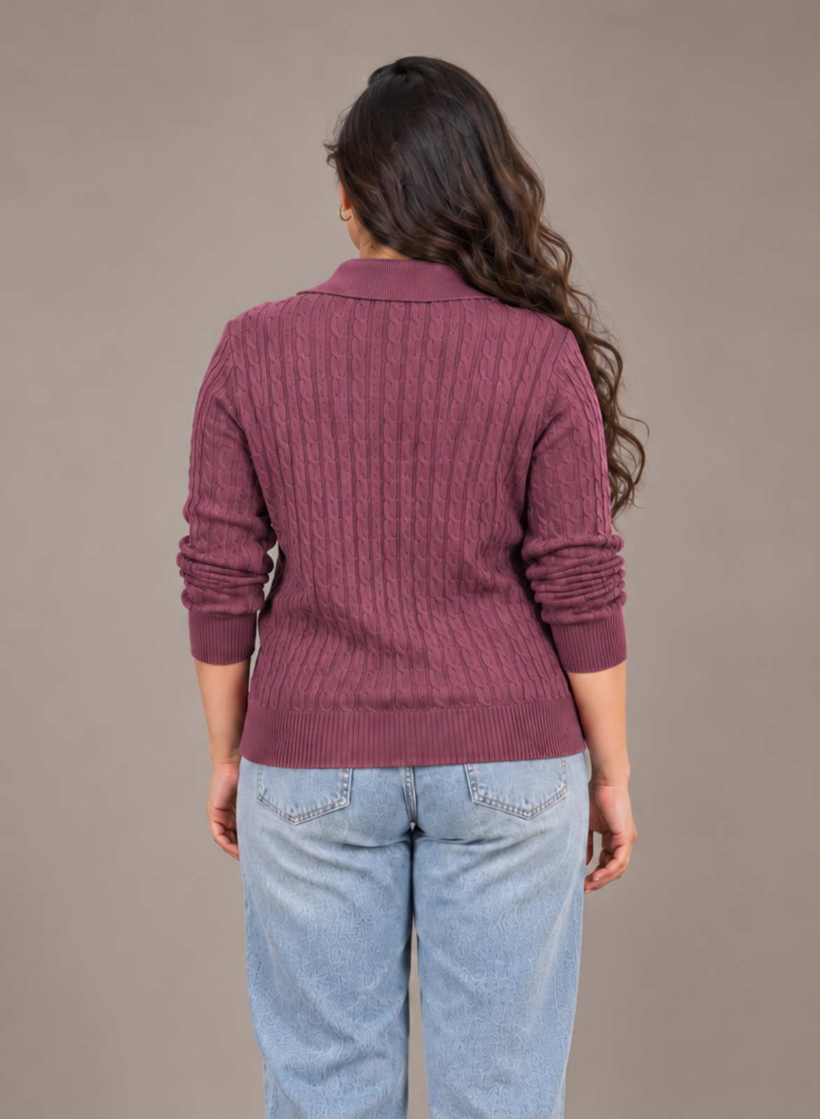 Burgundy Cable Knit Polo Top