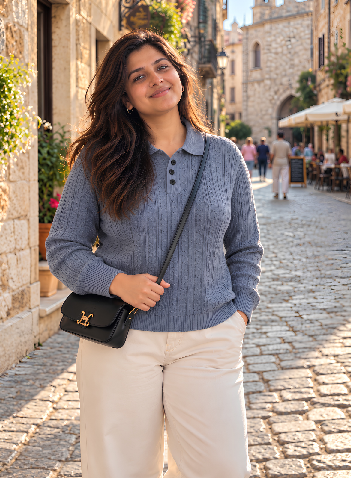 Grey Cable Knit Polo Top
